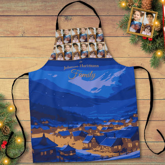 Blue Gold Winter Village Family Holidays Photo  Apron