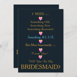 Blue & Gold with Heart Will You Be my Bridesmaid Invitation