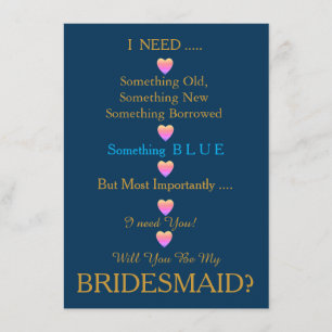 Blue & Gold with Heart Will You Be my Bridesmaid Invitation