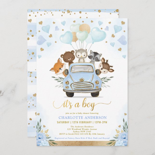 Blue Gold Woodland Sweetheart Baby Boy Shower Invitation (Front/Back)