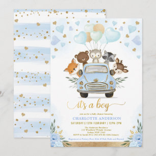 Blue Gold Woodland Sweetheart Baby Boy Shower Invitation