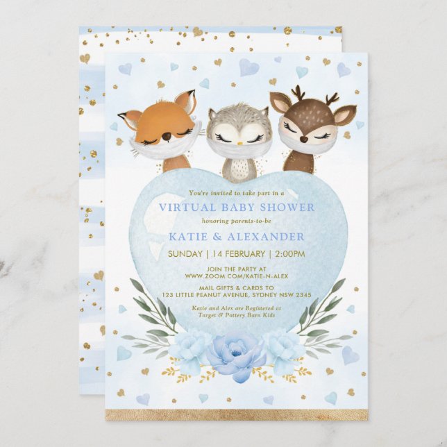 Blue Gold Woodland Sweetheart Virtual Baby Shower Invitation (Front/Back)