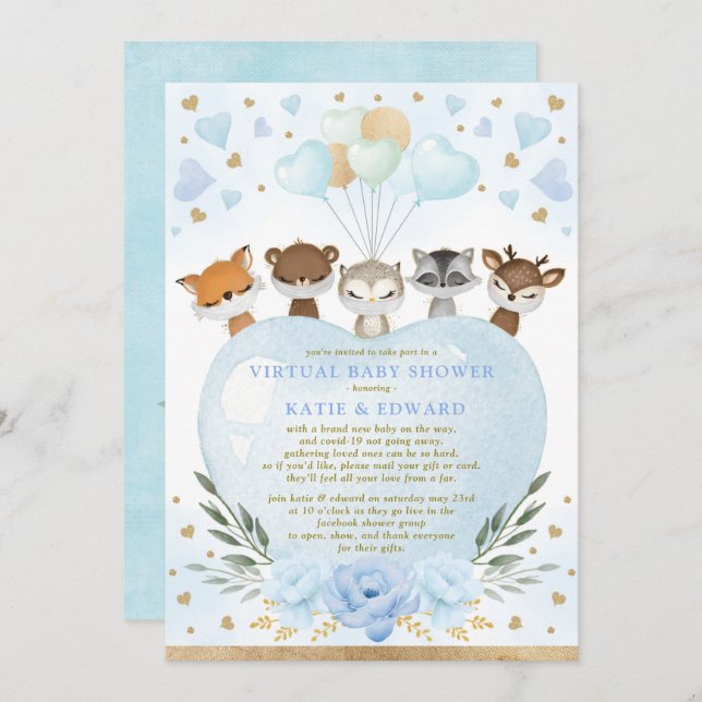 Blue Gold Woodland Valentines Virtual Baby Shower Invitation (Front/Back)