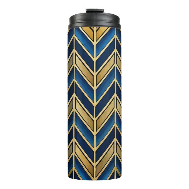 BLUE & GOLD ZIG ZAG ART DECO PATTERN THERMAL TUMBLER (Front)