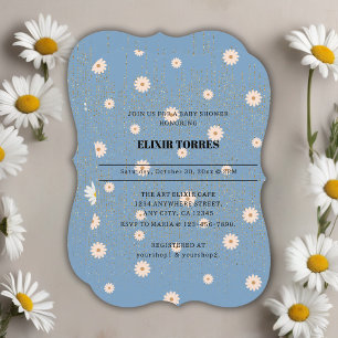 Blue Golden Daisy Glitter Glow Baby Shower Invitation