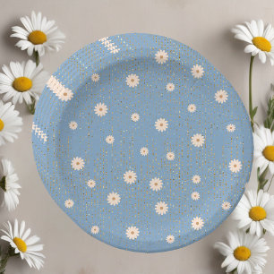 Blue Golden Daisy Glitter Glow Baby Shower Paper Plate