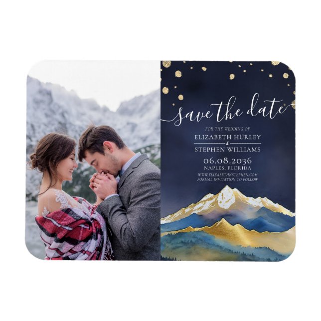 Blue Golden Mountains Wedding Photo Save The Date Magnet (Horizontal)