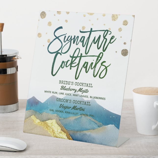 Blue Golden Mountains Wedding Signature Drink Menu Pedestal Sign (In SItu)
