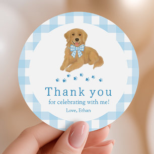 Blue Golden Retriever Birthday Thank You Favor Classic Round Sticker