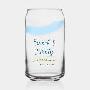 Blue golden watercolor bubbly and brunch bridal sh can glass