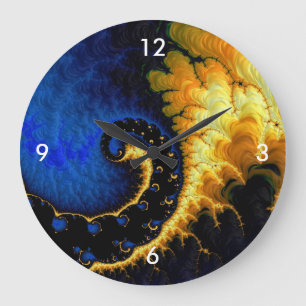 Blue Golden Yellow Fractal Large Clock