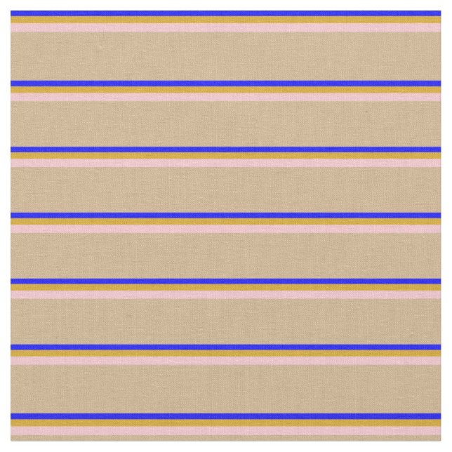 Blue, Goldenrod, Pink & Tan Pattern of Stripes Fabric (Close Up)