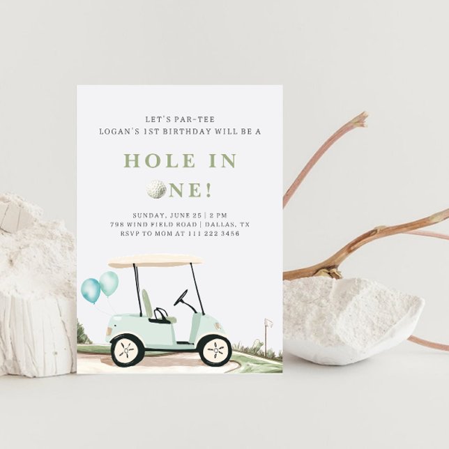 Blue Golf Cart Boy First Birthday Invitation (Creator Uploaded)