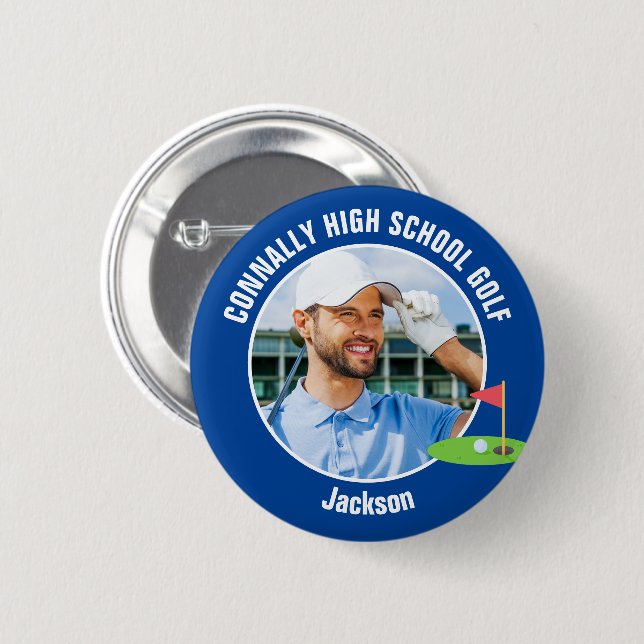 Blue Golfer Photo High School Golf Team 6 Cm Round Badge (Front & Back)