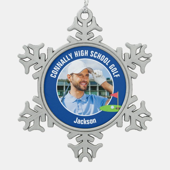 Blue Golfer Photo High School Golf Team Snowflake Pewter Christmas Ornament (Front)