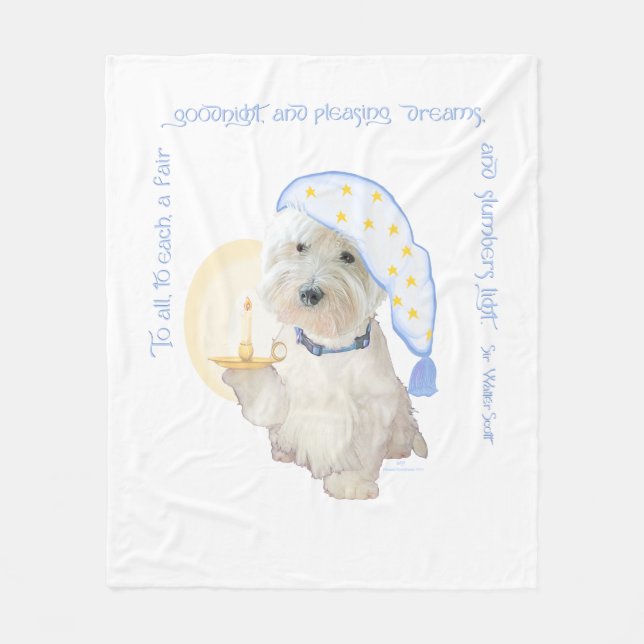 Blue Goodnight Westie with Candle Fleece Blanket (Front)