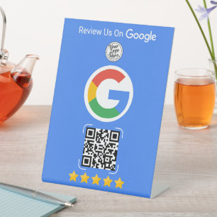 Blue Google Review Business Stand with QR Code Pedestal Sign