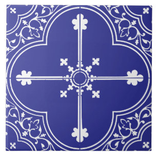 Blue Gothic Clover Cross Vintage Antique Ceramic Tile