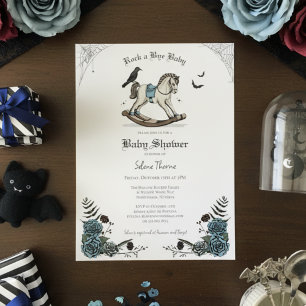 Blue Gothic Floral Rocking Horse Baby Shower Invitation