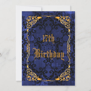Blue Gothic & Gold Framed 17th Birthday Invitation