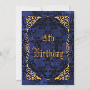 Blue Gothic & Gold Framed 19th Birthday Invitation