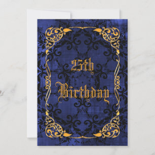 Blue Gothic & Gold Framed 25th Birthday Invitation