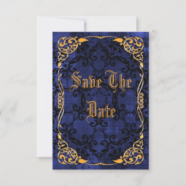 Blue Gothic & Gold Framed 25th Save The Date (Front)