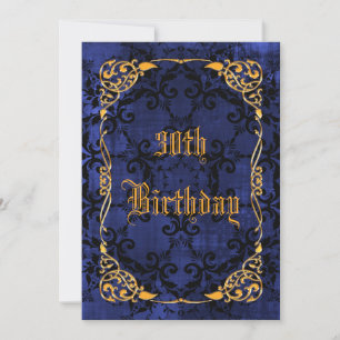 Blue Gothic & Gold Framed 30th Birthday Invitation