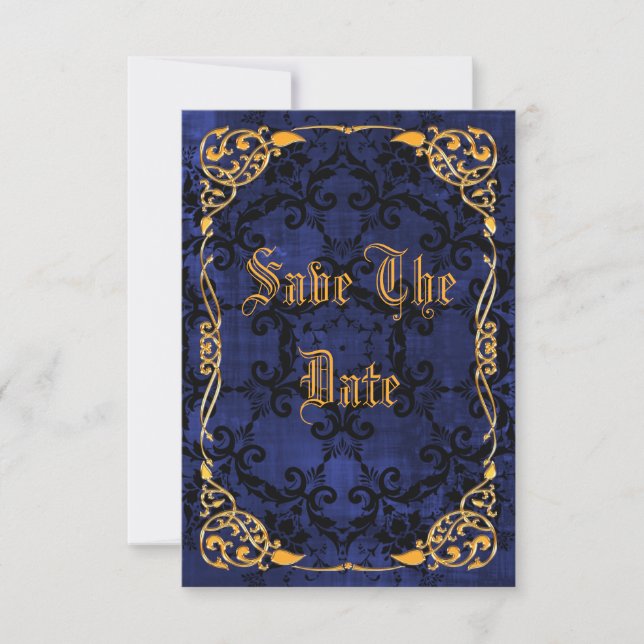 Blue Gothic & Gold Framed Sweet 16 Save The Date (Front)