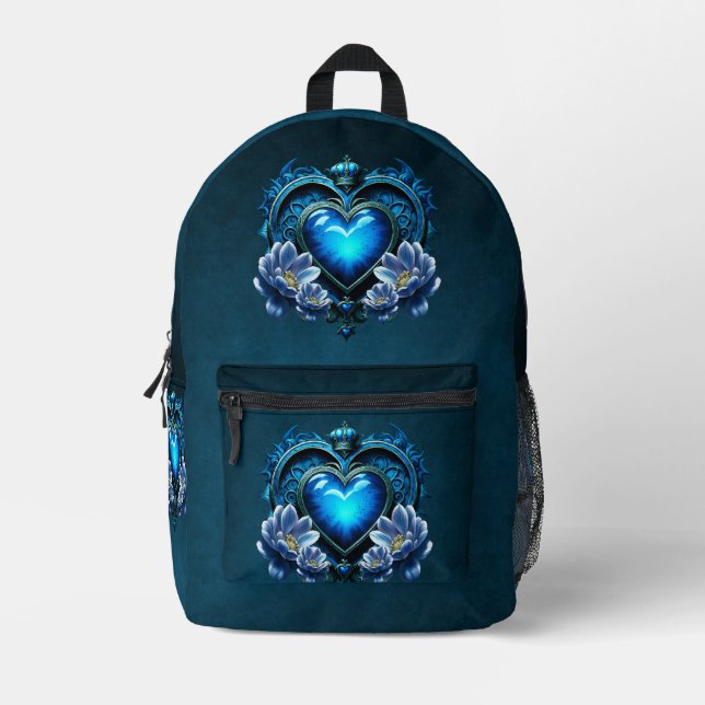 Blue gothic heart surrounded by magical flowers printed backpack (Front)