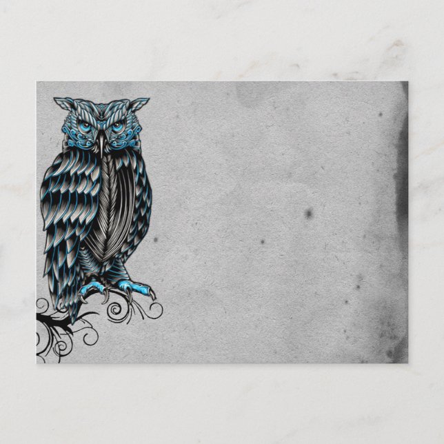 Blue Gothic Owl Halloween Postcard (Front)