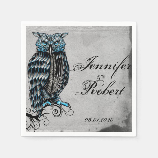 Blue Gothic Owl Posh Wedding Napkin (Front)