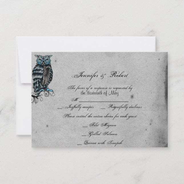 Blue Gothic Owl Posh Wedding Response Card (Front)