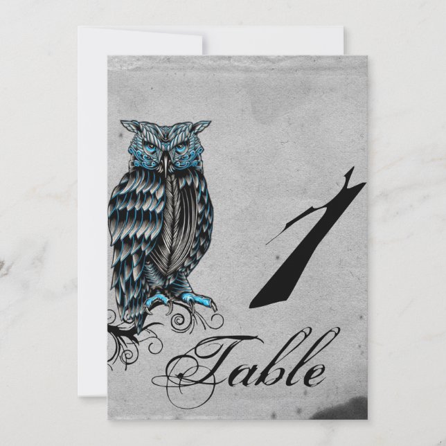 Blue Gothic Owl Posh Wedding Table Number (Front)