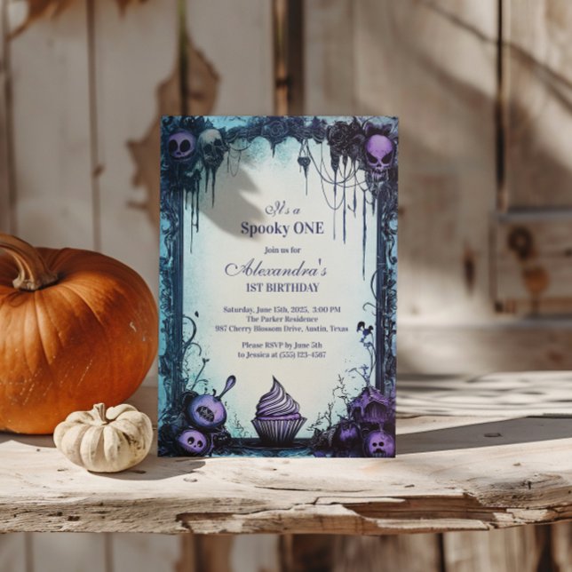 Blue Gothic Spooky ONE Birthday Invitation (Creator Uploaded)