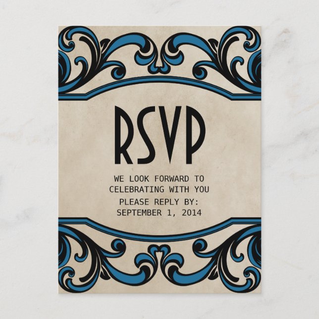 Blue Gothic Swirls RSVP Postcard (Front)