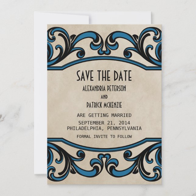 Blue Gothic Swirls Save the Date Invite (Front)