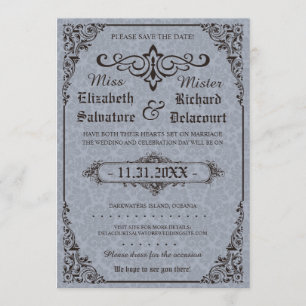 Blue Gothic Victorian Damask Save the Dates Date