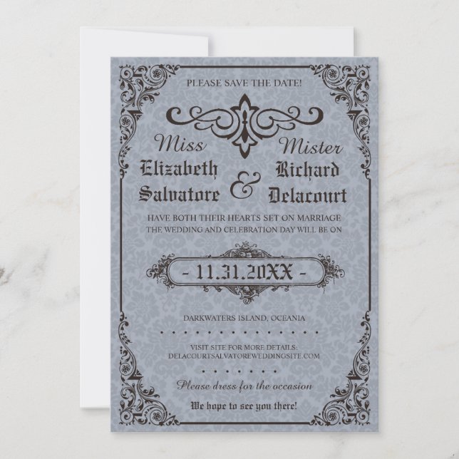 Blue Gothic Victorian Damask Save the Dates Date (Front)