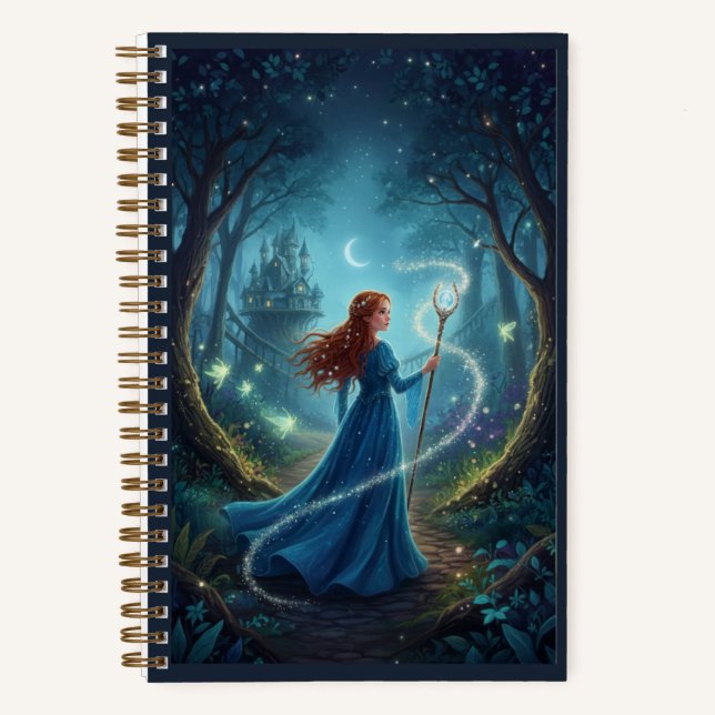 Blue Gown Forest Maiden & Glowing Magic Staff  Notebook (Front)