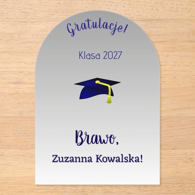 blue grad cap  - Congrats in Polish Acrylic Invitations (Front)