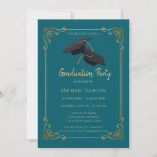 Blue Grad Cap Frame Teal Graduation Invitation
