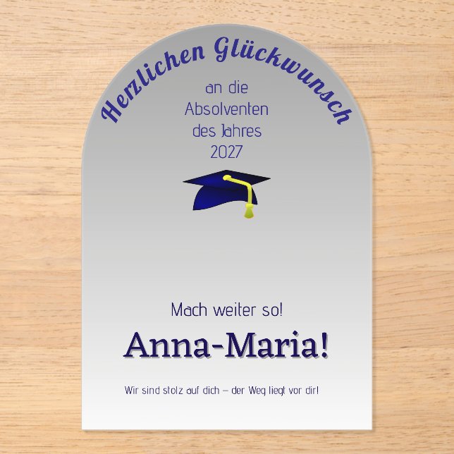 blue grad cap  in silver -  GERMAN  Congrats  Acrylic Invitations (Front)