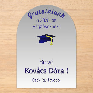 blue grad cap  in silver - Hungarian Congrats  Acrylic Invitations