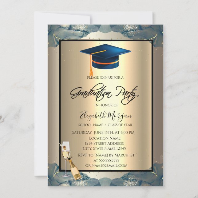 Blue Grad Cap,Wine,Glass Champagne Invitation (Front)
