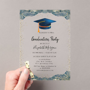 Blue Grad Cap,Wine Glass Confetti Graduation Acrylic Invitations