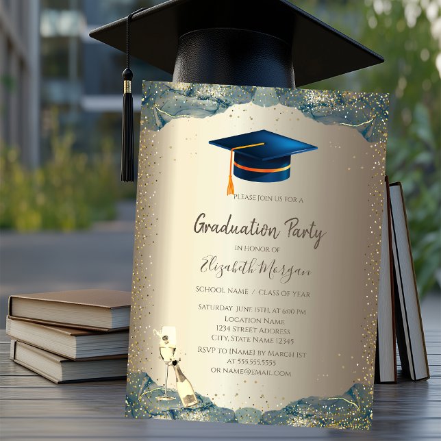 Blue Grad Cap,Wine Glass Confetti Graduation Invitation (Creator Uploaded)