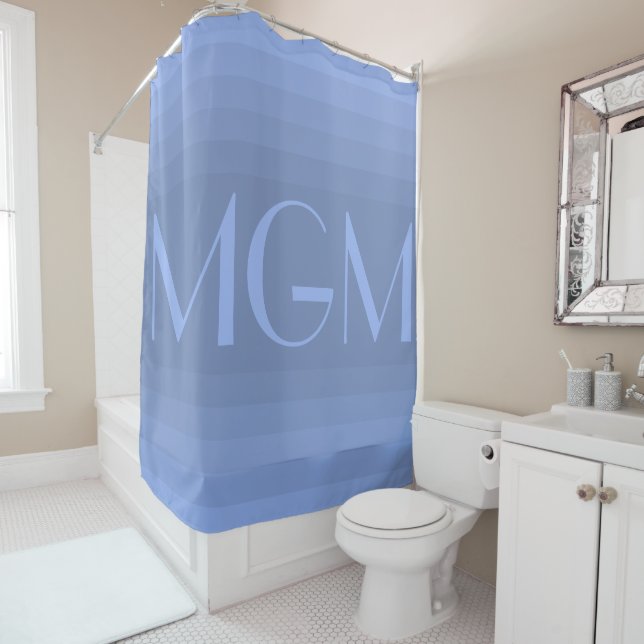 Blue gradation giant monogram shower curtain (In Situ)