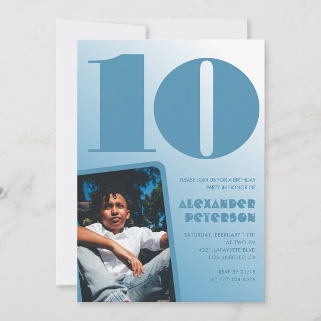 Blue gradient 10th birthday invitations Boy Photo (Front)