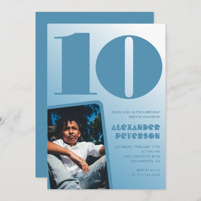 Blue gradient 10th birthday invitations Boy Photo (Front/Back)